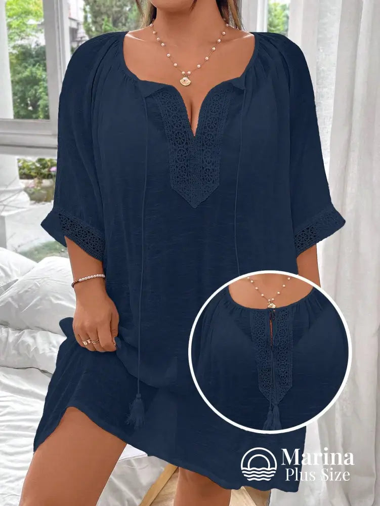 Saída De Praia Curta Túnica Renda E Amarração Plus Size Saída De Praia Curta Túnica Renda E Amarração Plus Size