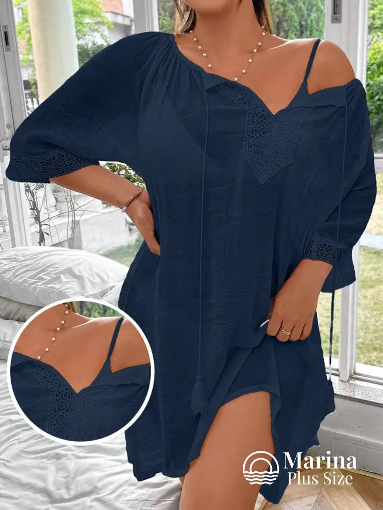 Saída De Praia Curta Túnica Renda E Amarração Plus Size Azul-marinho / G Saída De Praia Curta Túnica Renda E Amarração