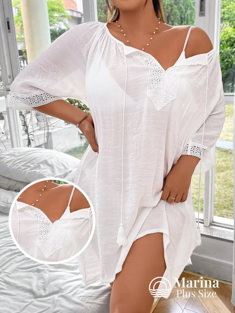 Saída De Praia Curta Túnica Renda E Amarração Plus Size Branco / G Saída De Praia Curta Túnica Renda E Amarração Plus