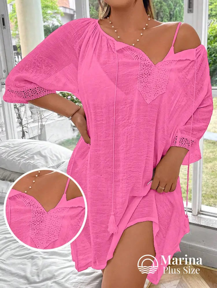 Saída De Praia Curta Túnica Renda E Amarração Plus Size Rosa Choque / G Saída De Praia Curta Túnica Renda E Amarração