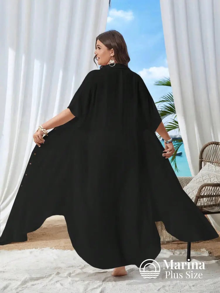 Saída De Praia Longa Camisa Botões Frontais Plus Size Saída De Praia Longa Camisa Botões Frontais Plus Size