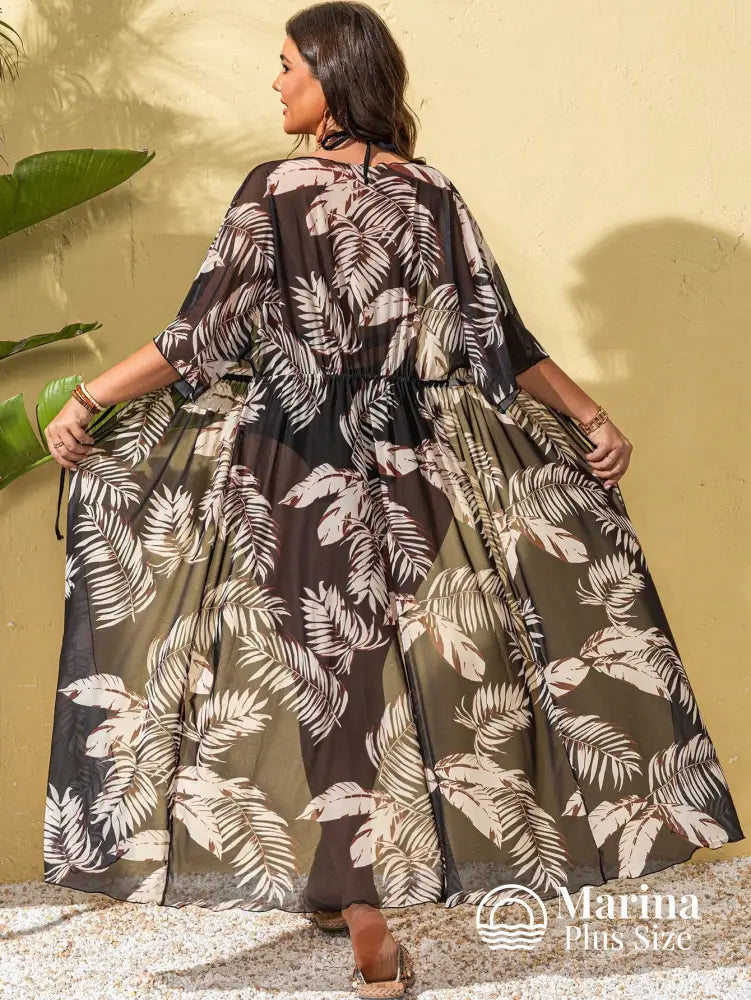 Saída De Praia Longa Estampada Cintura Ajustável Plus Size Saída De Praia Longa Estampada Cintura Ajustável Plus Size