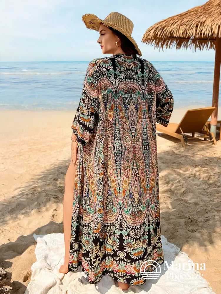 Saída De Praia Longa Estampada Estilo Boho Plus Size Saída De Praia Longa Estampada Estilo Boho Plus Size