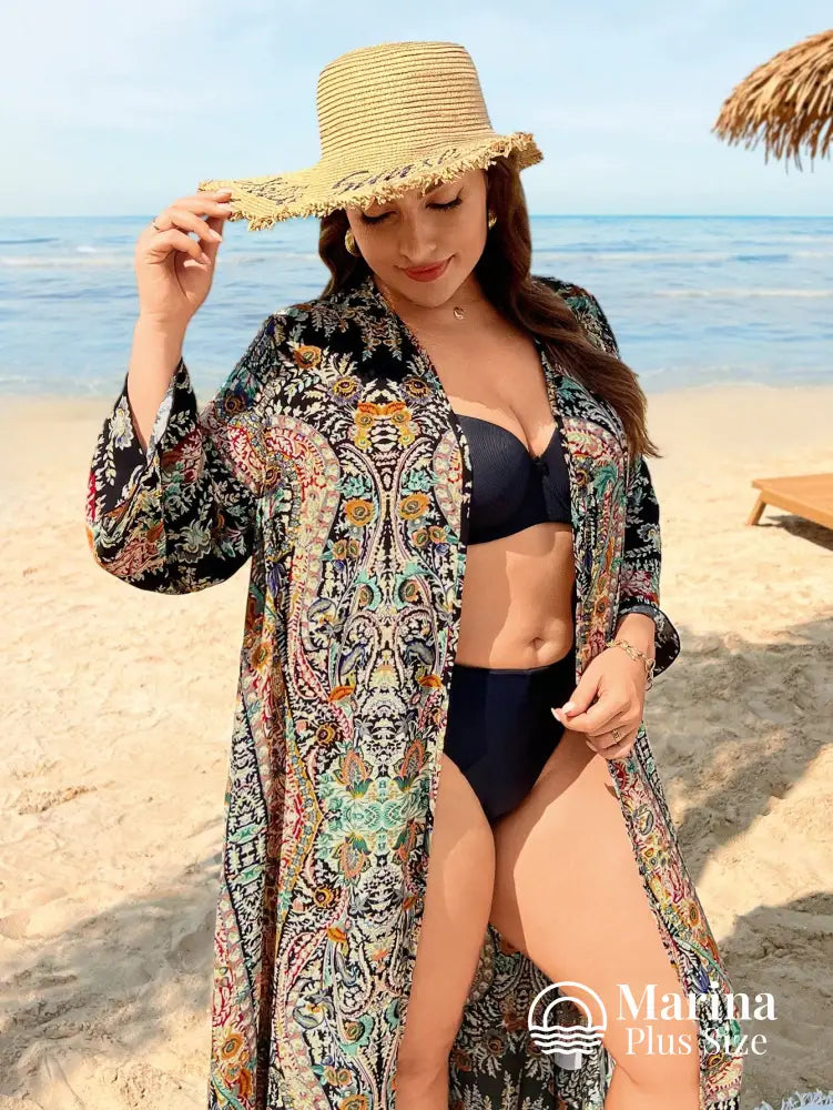 Saída De Praia Longa Estampada Estilo Boho Plus Size Saída De Praia Longa Estampada Estilo Boho Plus Size