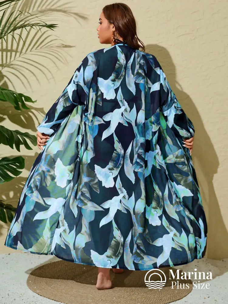Saída De Praia Longa Estampada Faixa Na Cintura Plus Size Saída De Praia Longa Estampada Faixa Na Cintura Plus Size
