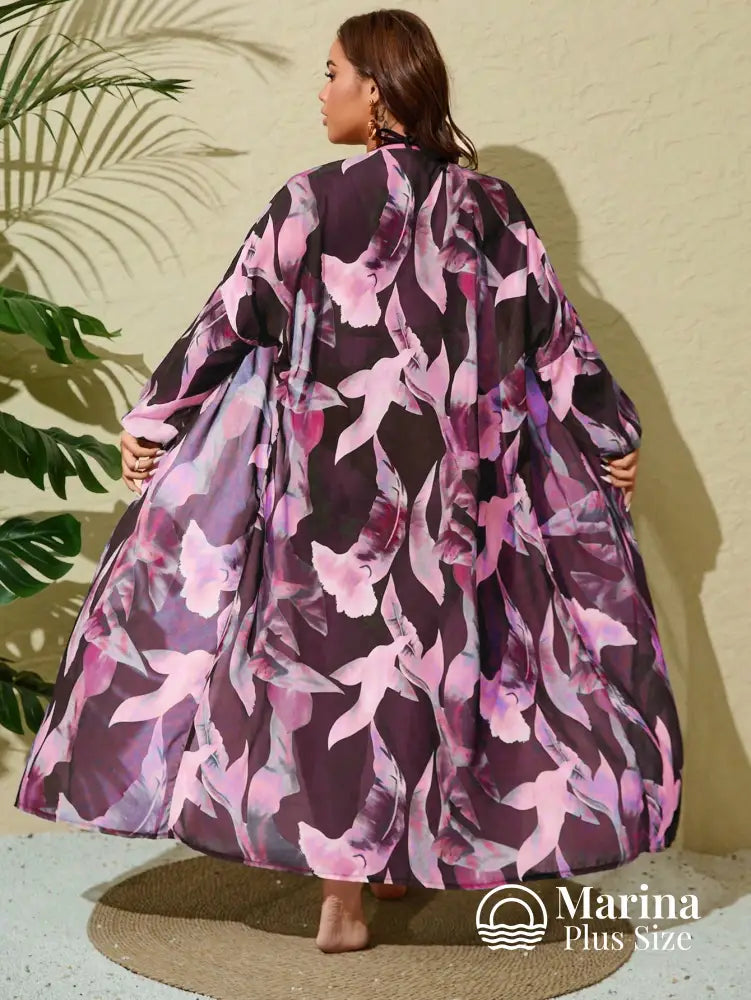 Saída De Praia Longa Estampada Faixa Na Cintura Plus Size Saída De Praia Longa Estampada Faixa Na Cintura Plus Size