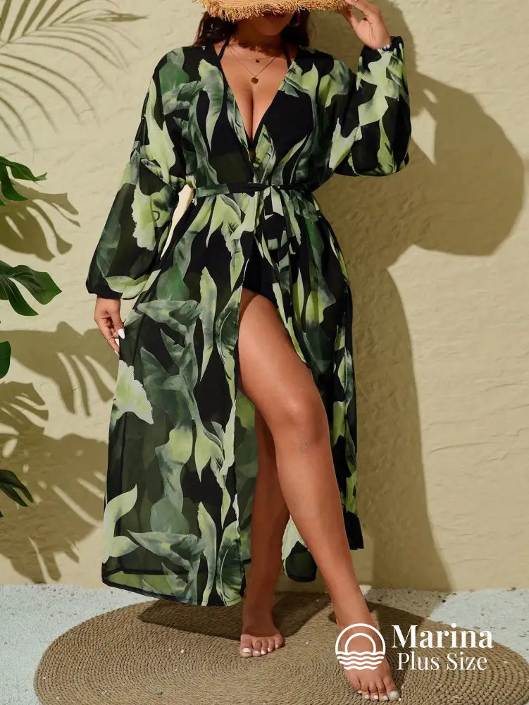 Saída De Praia Longa Estampada Faixa Na Cintura Plus Size Saída De Praia Longa Estampada Faixa Na Cintura Plus Size