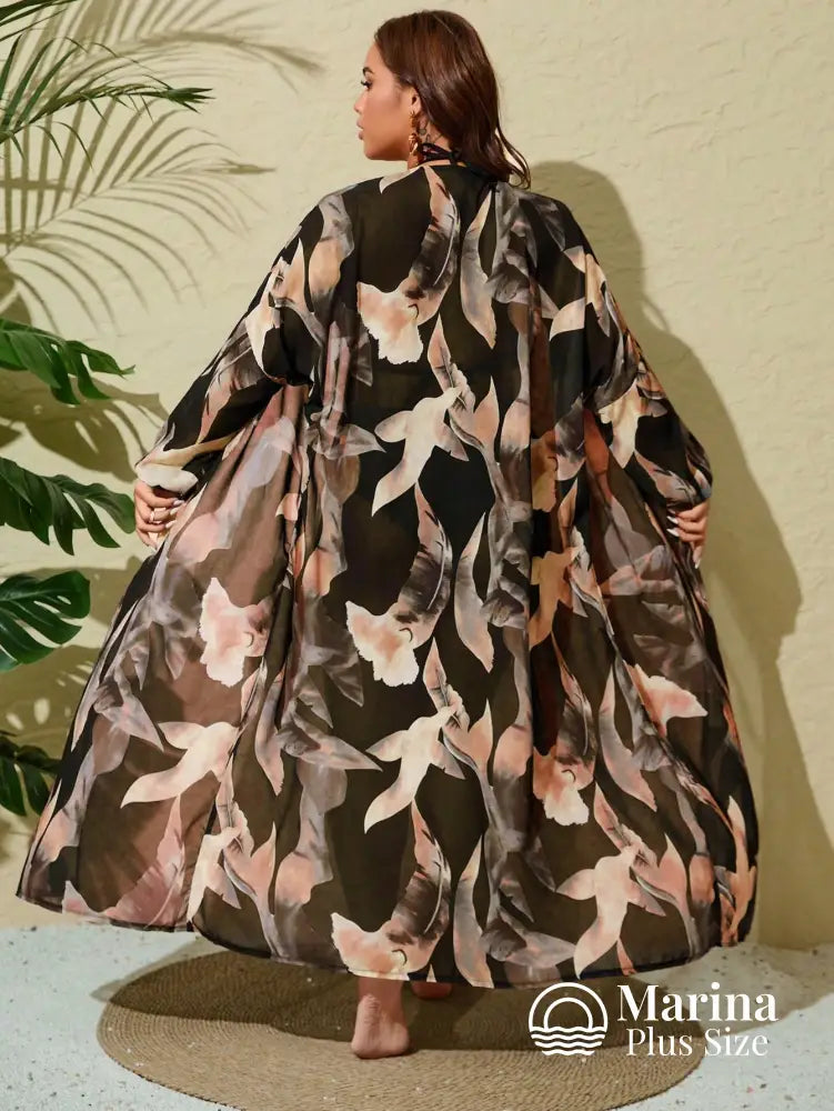 Saída De Praia Longa Estampada Faixa Na Cintura Plus Size Saída De Praia Longa Estampada Faixa Na Cintura Plus Size