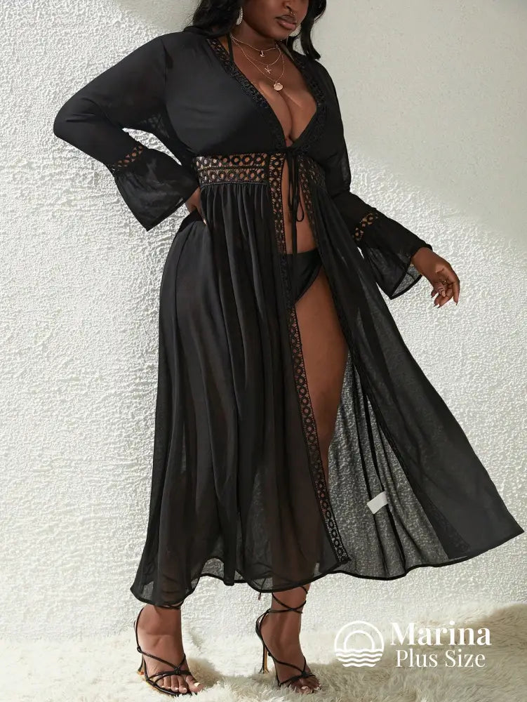 Saída De Praia Longa Renda Vazado E Amarração Plus Size Saída De Praia Longa Renda Vazado E Amarração Plus Size