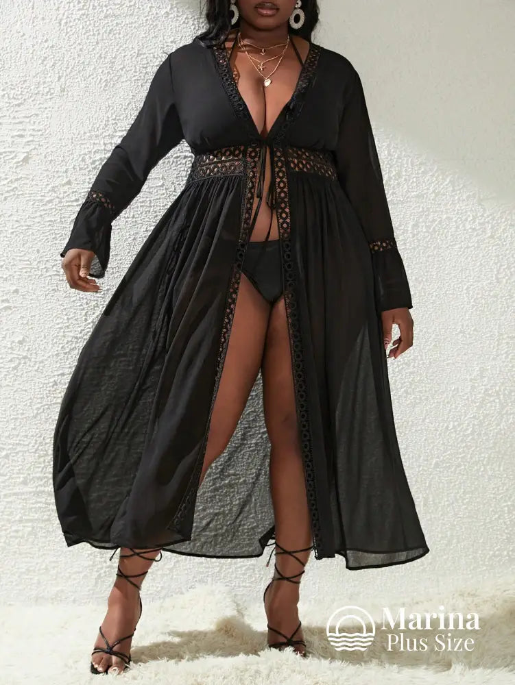 Saída De Praia Longa Renda Vazado E Amarração Plus Size Saída De Praia Longa Renda Vazado E Amarração Plus Size