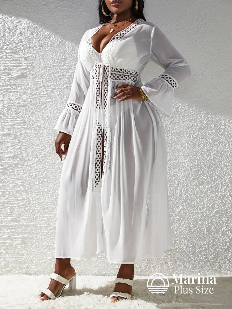 Saída De Praia Longa Renda Vazado E Amarração Plus Size Saída De Praia Longa Renda Vazado E Amarração Plus Size