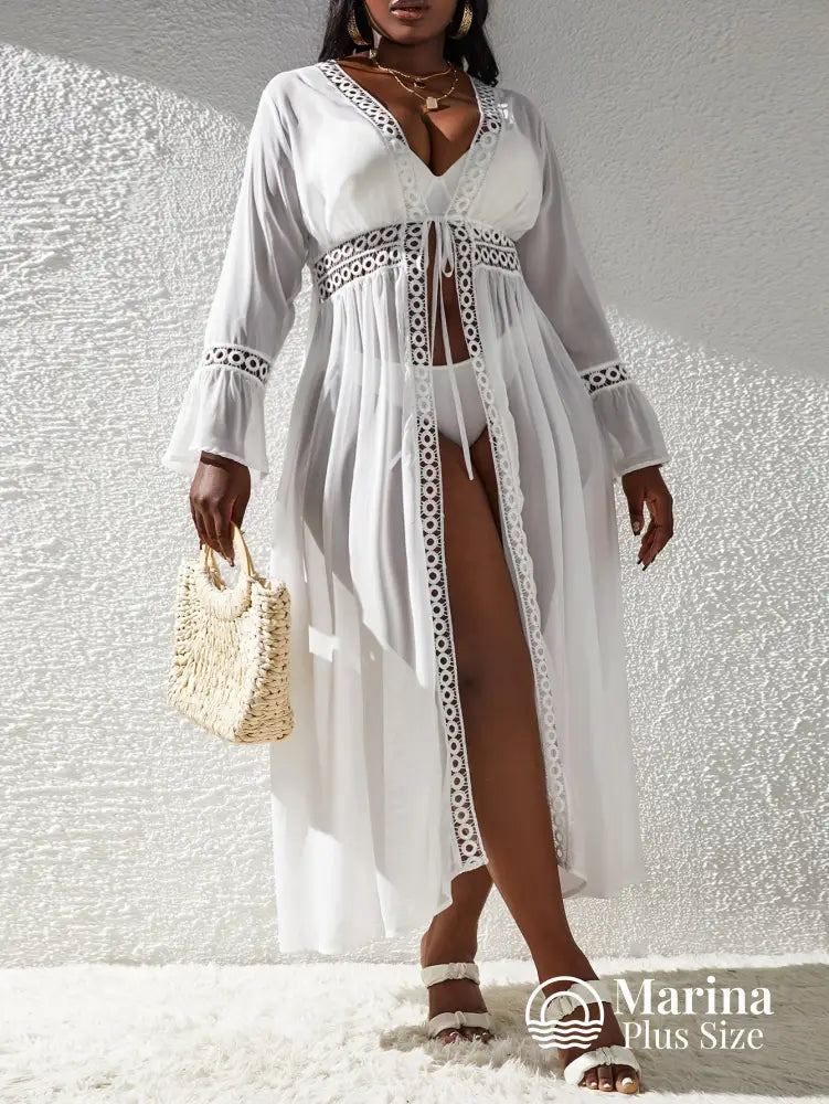 Saída De Praia Longa Renda Vazado E Amarração Plus Size Branco / G Saída De Praia Longa Renda Vazado E Amarração Plus
