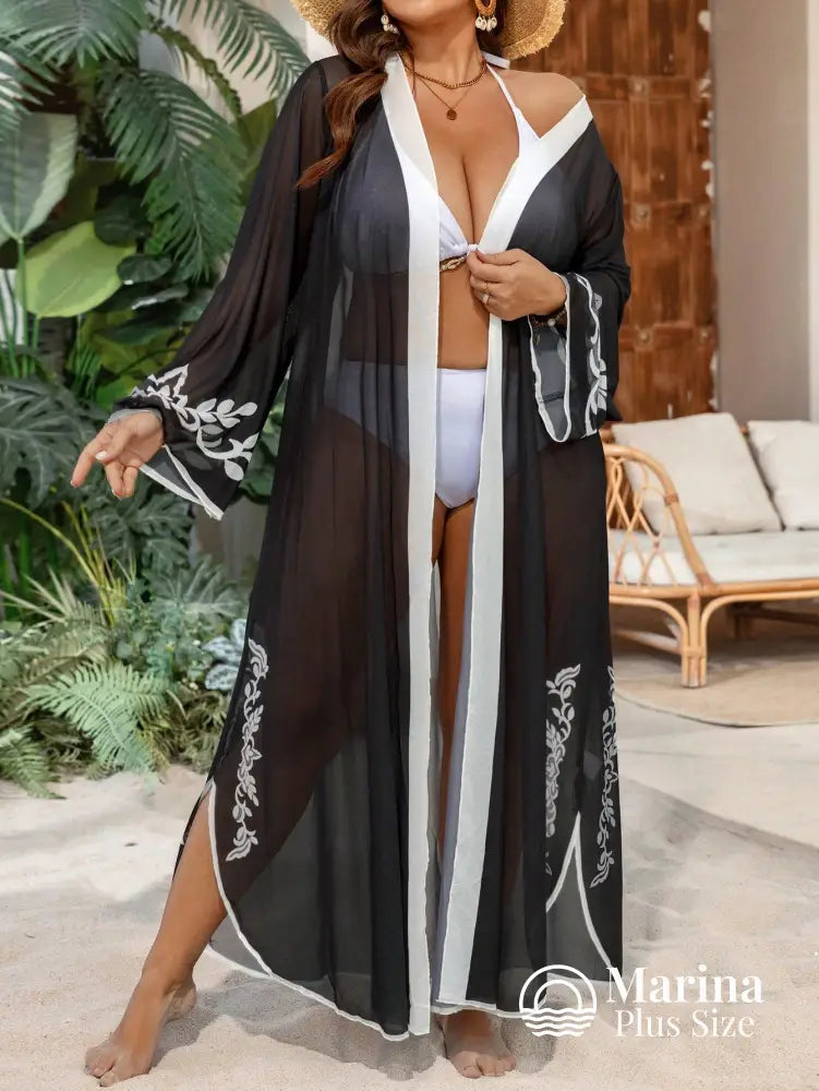Saída De Praia Longa Tule Bordado Transparente Plus Size Saída De Praia Longa Tule Bordado Transparente Plus Size