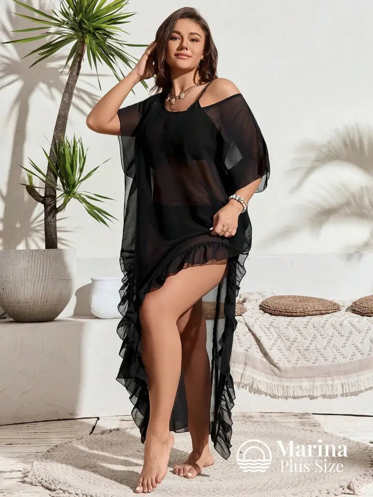 Saída De Praia Longa Tule Transparente Babados Plus Size Saída De Praia Longa Tule Transparente Babados Plus Size