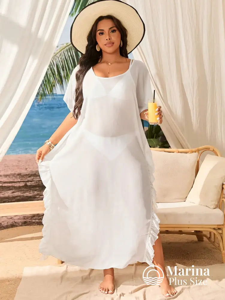 Saída De Praia Longa Tule Transparente Babados Plus Size Saída De Praia Longa Tule Transparente Babados Plus Size
