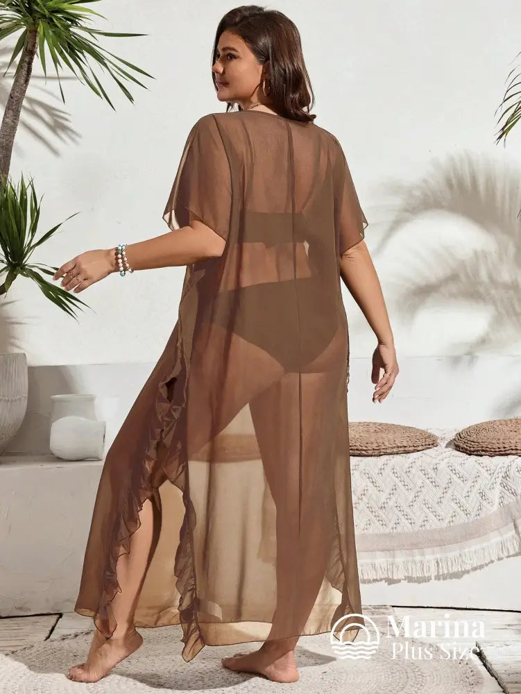 Saída De Praia Longa Tule Transparente Babados Plus Size Saída De Praia Longa Tule Transparente Babados Plus Size