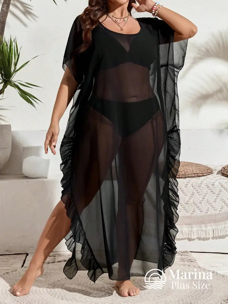 Saída De Praia Longa Tule Transparente Babados Plus Size Saída De Praia Longa Tule Transparente Babados Plus Size