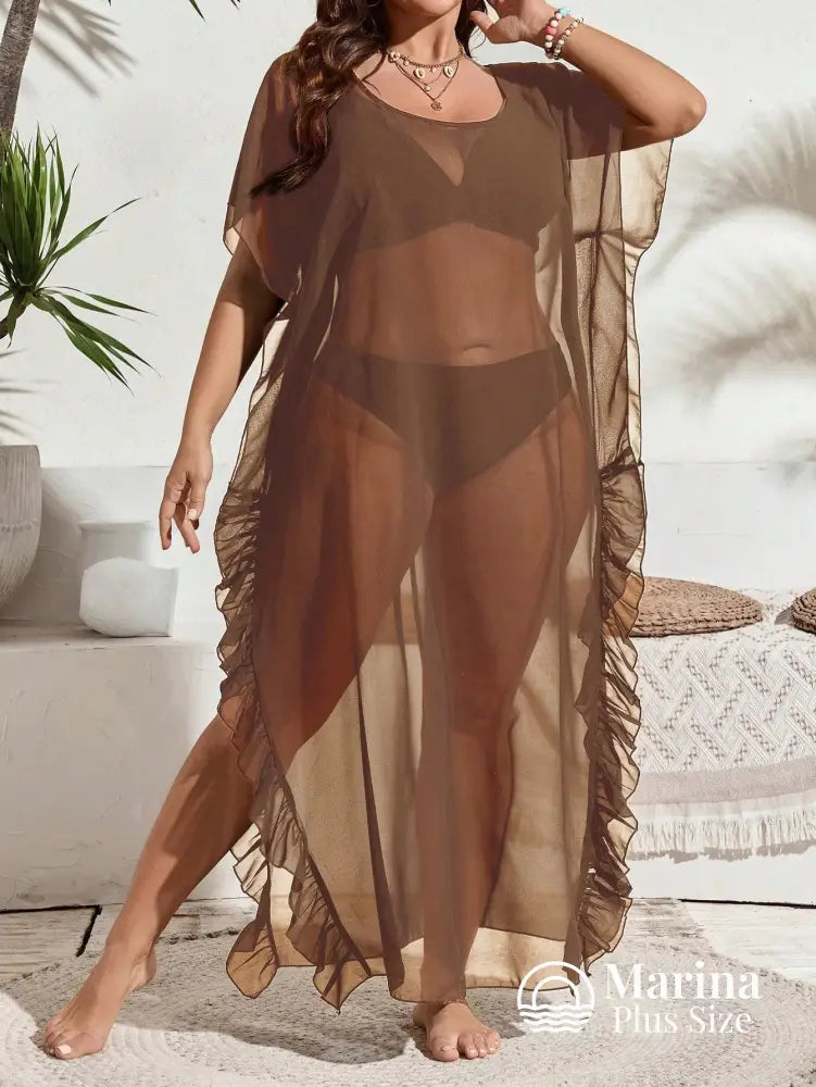 Saída De Praia Longa Tule Transparente Babados Plus Size Saída De Praia Longa Tule Transparente Babados Plus Size