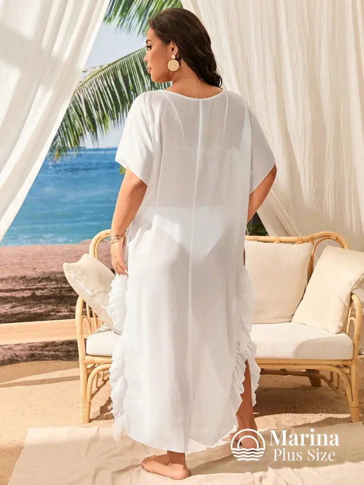Saída De Praia Longa Tule Transparente Babados Plus Size Saída De Praia Longa Tule Transparente Babados Plus Size
