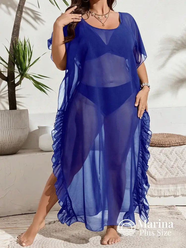 Saída De Praia Longa Tule Transparente Babados Plus Size Azul Royal / G Saída De Praia Longa Tule Transparente Babados
