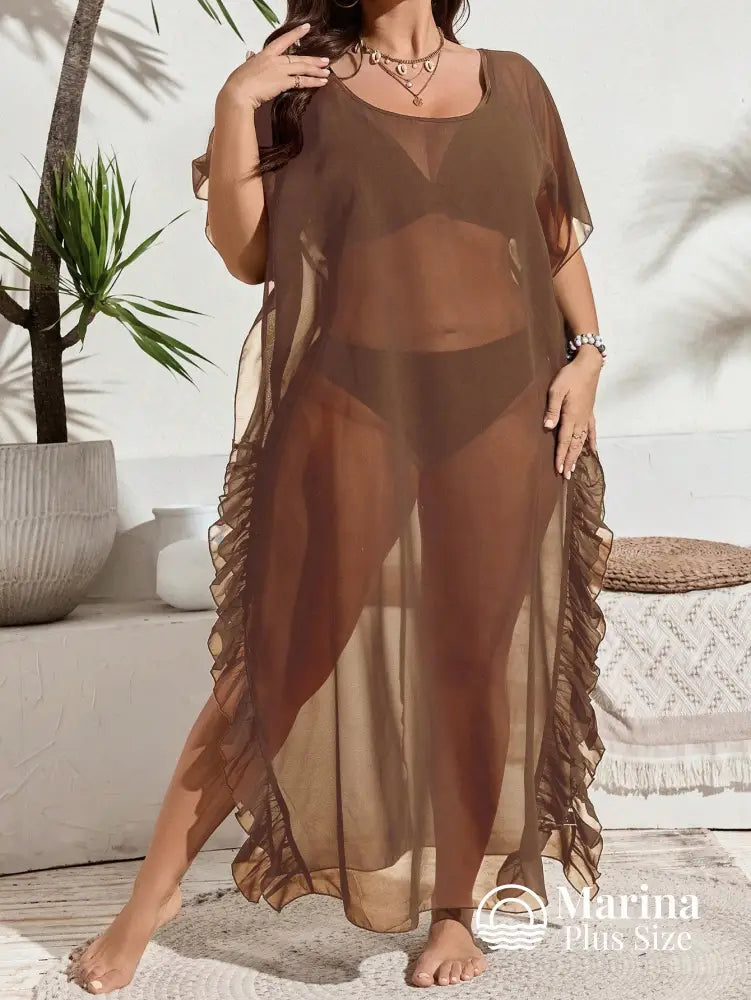 Saída De Praia Longa Tule Transparente Babados Plus Size Café / G Saída De Praia Longa Tule Transparente Babados Plus