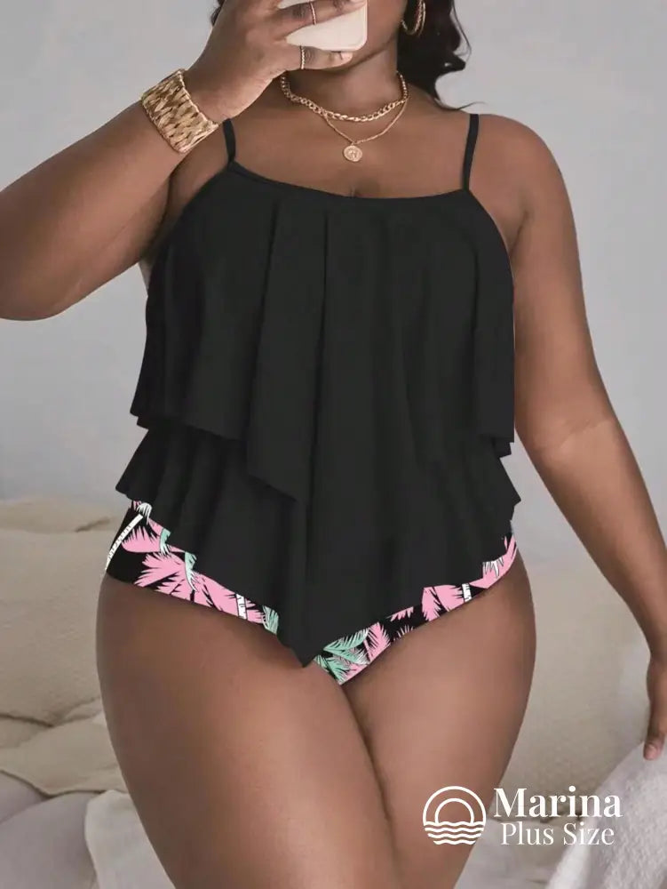 Tankini Babados Camadas Estilo Tropical Plus Size Preto / G Tankini Babados Camadas Estilo Tropical Plus Size