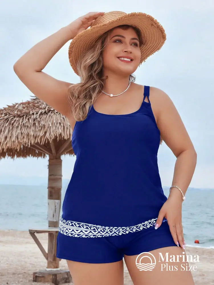 Tankini Esportivo Cintura Estampada Alças Finas Plus Size Tankini Esportivo Cintura Estampada Alças Finas Plus Size