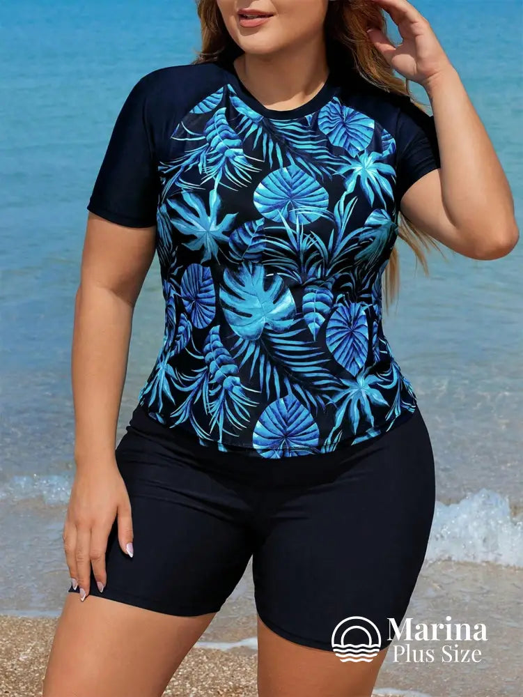 Tankini Esportivo Estampa Tropical Proteção Solar Plus Size Azul Royal / G Tankini Esportivo Estampa Tropical Proteção