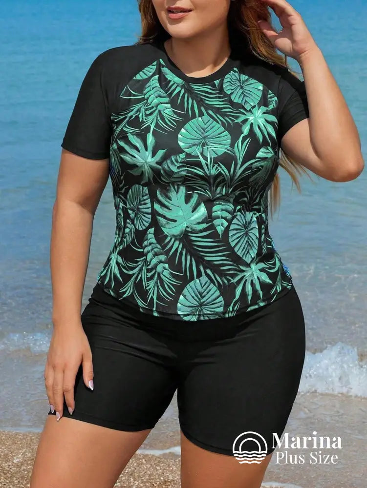 Tankini Esportivo Estampa Tropical Proteção Solar Plus Size Verde / G Tankini Esportivo Estampa Tropical Proteção Solar