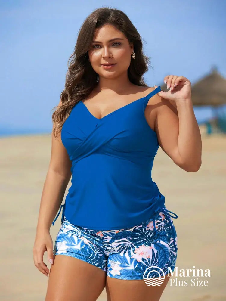 Tankini Esportivo Estilo Surf Estampa Tropical Plus Size Azul / G Tankini Esportivo Estilo Surf Estampa Tropical Plus