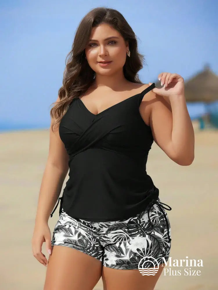 Tankini Esportivo Estilo Surf Estampa Tropical Plus Size Preto / G Tankini Esportivo Estilo Surf Estampa Tropical Plus