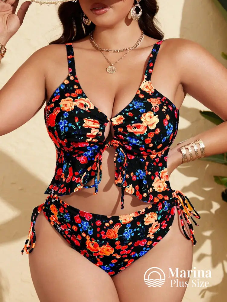 Tankini Floral Amarração Frontal Plus Size Tankini Floral Amarração Frontal Plus Size