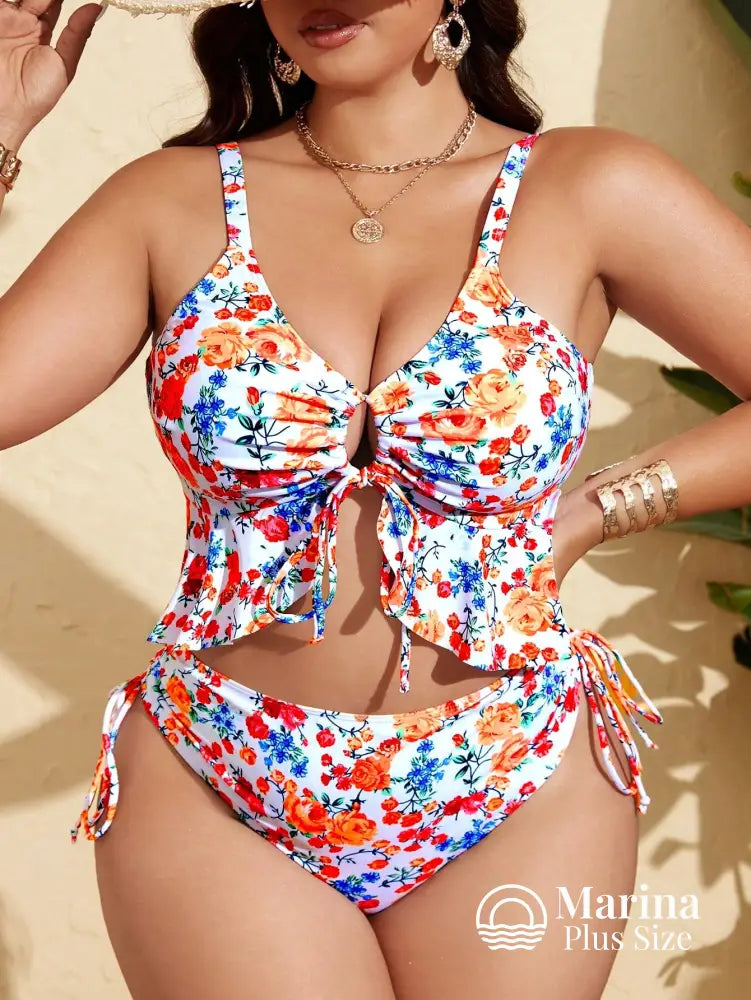 Tankini Floral Amarração Frontal Plus Size Tankini Floral Amarração Frontal Plus Size