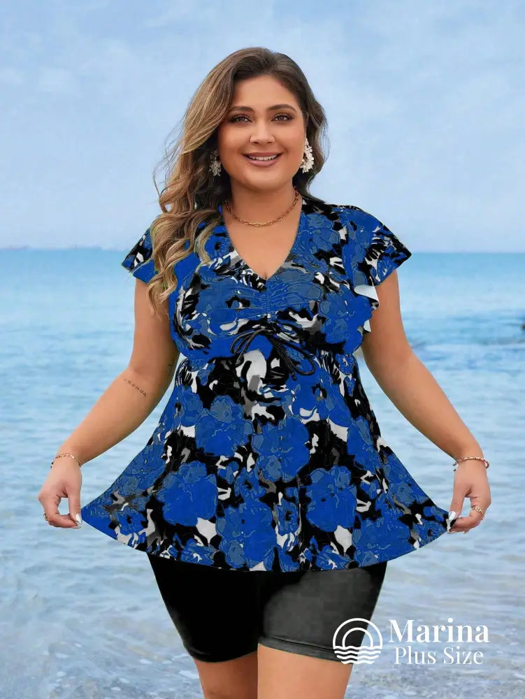 Tankini Floral Manga Curta E Short Confortável Plus Size Tankini Floral Manga Curta E Short Confortável Plus Size