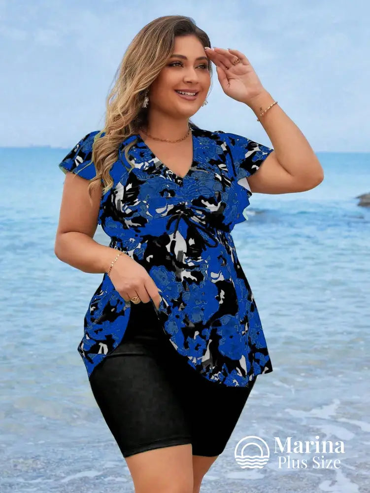 Tankini Floral Manga Curta E Short Confortável Plus Size Tankini Floral Manga Curta E Short Confortável Plus Size