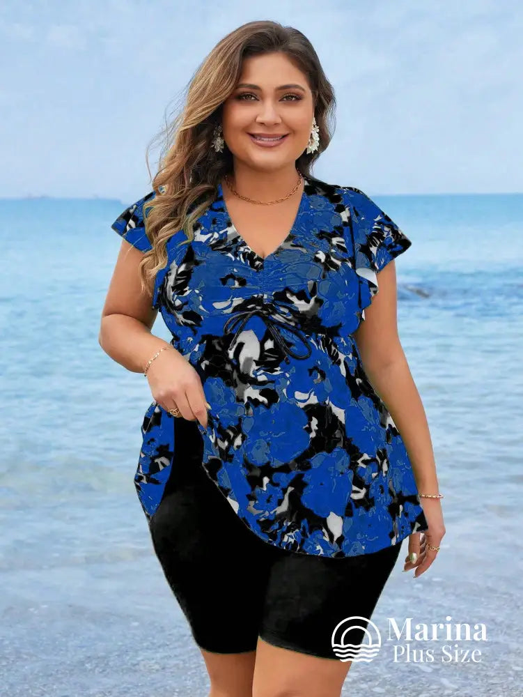 Tankini Floral Manga Curta E Short Confortável Plus Size Azul-marinho / G Tankini Floral Manga Curta E Short