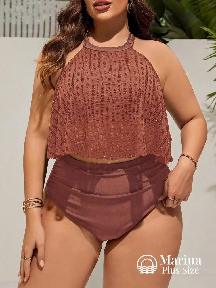 Tankini Rendado Estilo Halter Cintura Alta Plus Size Tankini Rendado Estilo Halter Cintura Alta Plus Size
