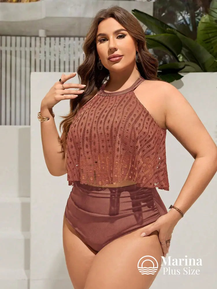 Tankini Rendado Estilo Halter Cintura Alta Plus Size Tankini Rendado Estilo Halter Cintura Alta Plus Size