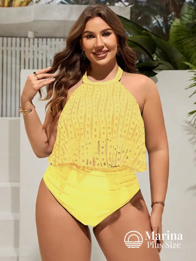 Tankini Rendado Estilo Halter Cintura Alta Plus Size Amarela / G Tankini Rendado Estilo Halter Cintura Alta Plus Size