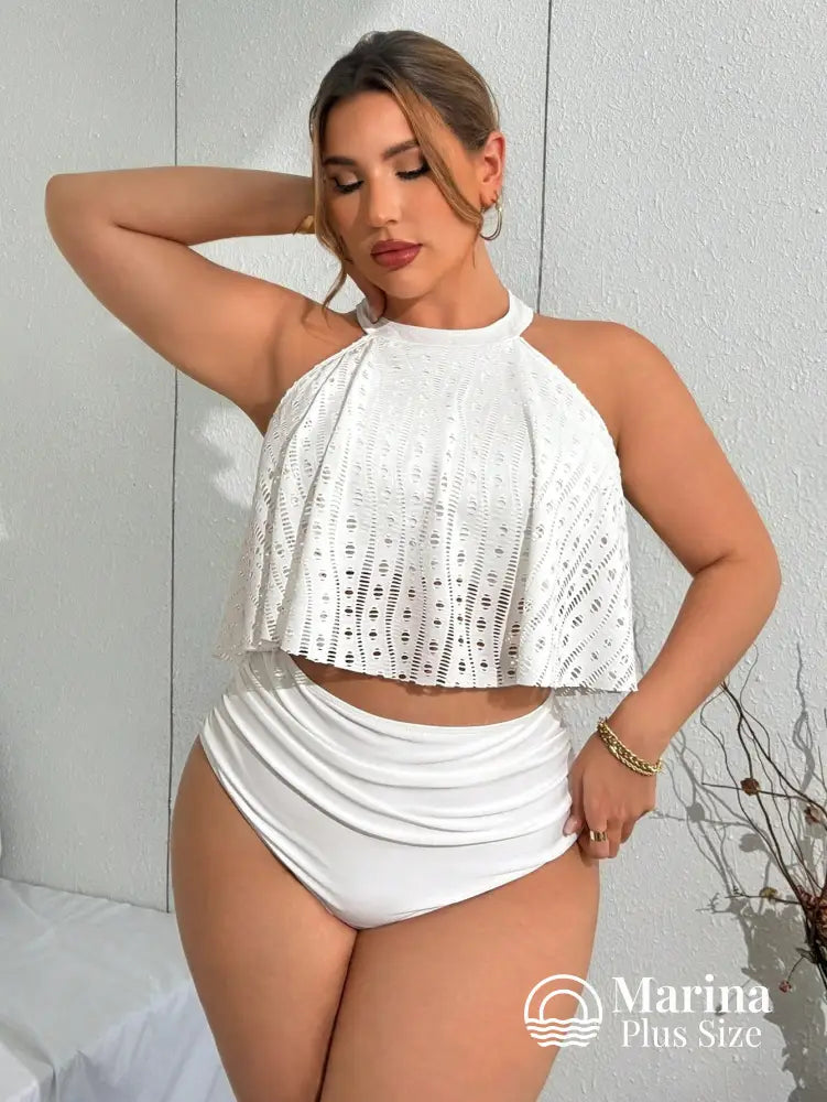Tankini Rendado Estilo Halter Cintura Alta Plus Size Branco / G Tankini Rendado Estilo Halter Cintura Alta Plus Size