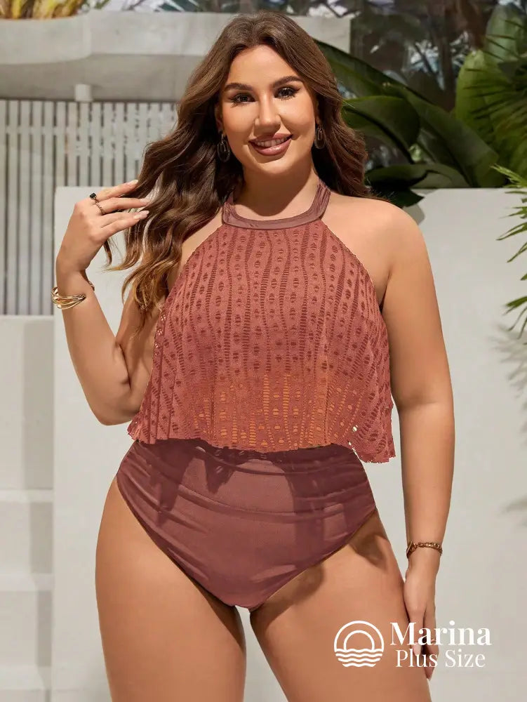 Tankini Rendado Estilo Halter Cintura Alta Plus Size Marrom / G Tankini Rendado Estilo Halter Cintura Alta Plus Size