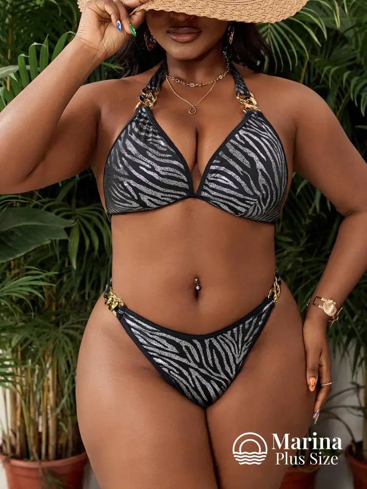 Biquíni Asa Delta Estampa Zebra Argolas Metálicas Plus Size Preto / G Biquíni Asa Delta Estampa Zebra Argolas Metálicas
