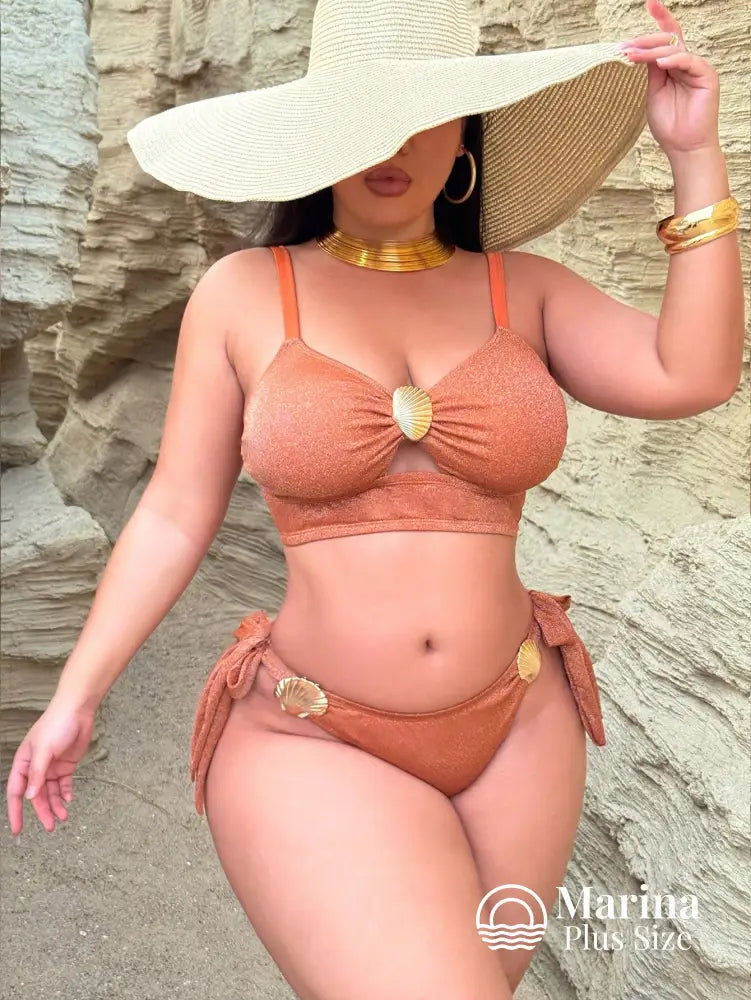 Biquíni Bustiê Lurex Aviamentos Dourados Plus Size Castanho / G Biquíni Bustiê Lurex Aviamentos Dourados Plus Size