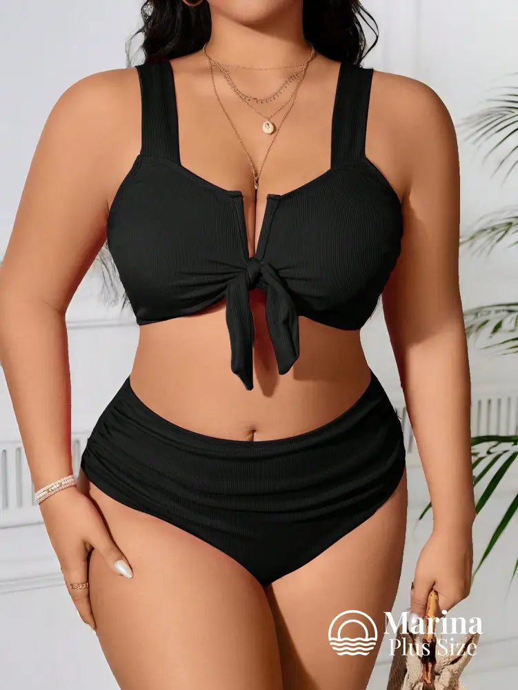 Biquíni Canelado Amarração Frontal Plus Size Preto / G Biquíni Canelado Amarração Frontal Plus Size