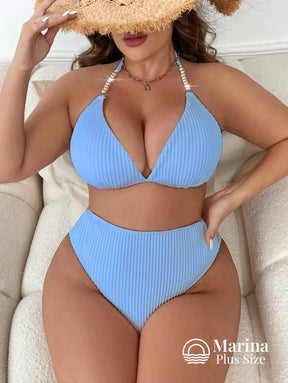 Biquíni Canelado Cortininha Cintura Alta Plus Size Azul / G Biquíni Canelado Cortininha Cintura Alta Plus Size