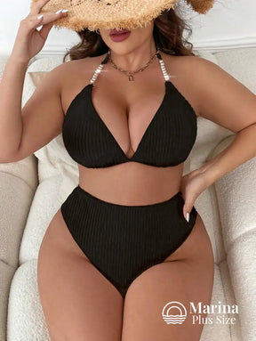 Biquíni Canelado Cortininha Cintura Alta Plus Size Preto / G Biquíni Canelado Cortininha Cintura Alta Plus Size