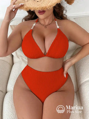 Biquíni Canelado Cortininha Cintura Alta Plus Size Vermelho / G Biquíni Canelado Cortininha Cintura Alta Plus Size