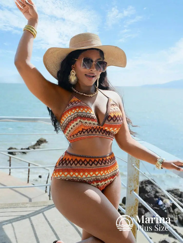 Biquíni Cintura Alta Estampa Étnica Geométrica Plus Size Biquíni Cintura Alta Estampa Étnica Geométrica Plus Size