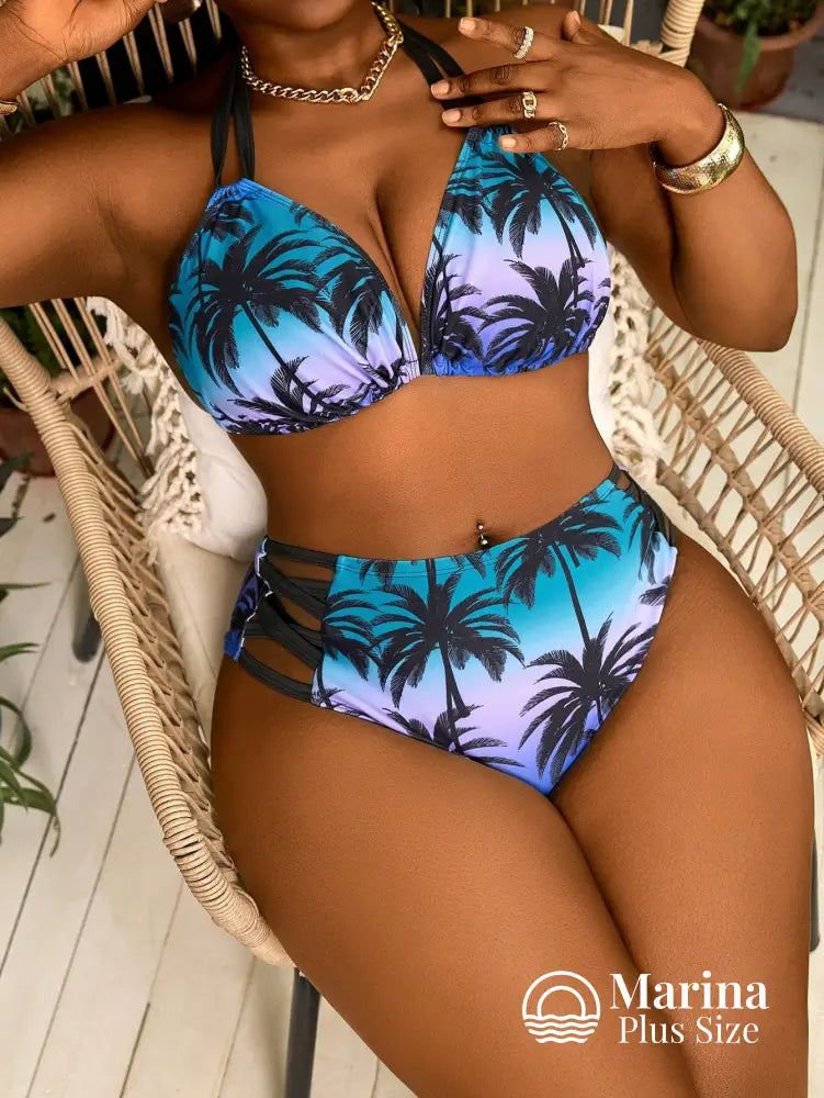 Biquíni Cintura Alta Estampa Tropical Com Tiras Plus Size Azul / G Biquíni Cintura Alta Estampa Tropical Com Tiras Plus