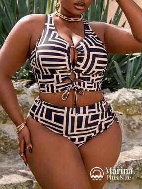 Biquíni Com Recortes E Amarração Frontal Plus Size Multicolorido / G Biquíni Com Recortes E Amarração Frontal Plus Size